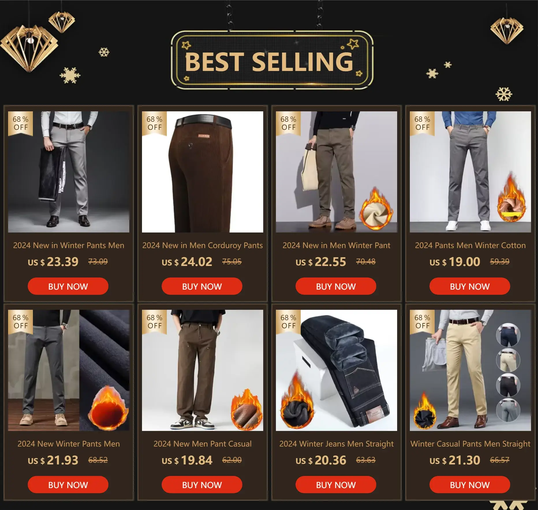 Simples Market Best Selling page showing 2024 new men's clothing grid with winter pants and corduroy pants