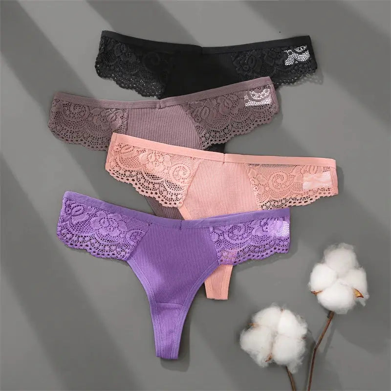 Five-piece cotton lace-trimmed thong underwear set in black, gray, peach, pink, and lavender