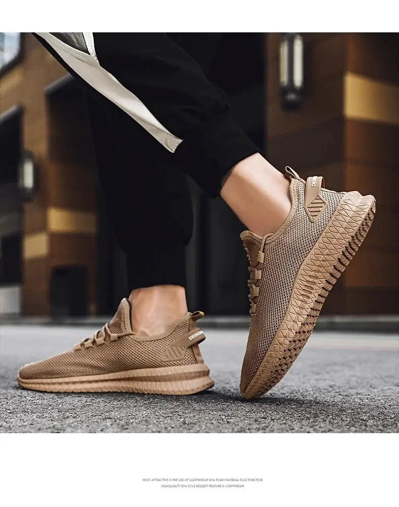 Men's Simples Market non-slip knit sneakers, tan breathable mesh with lace-up design.