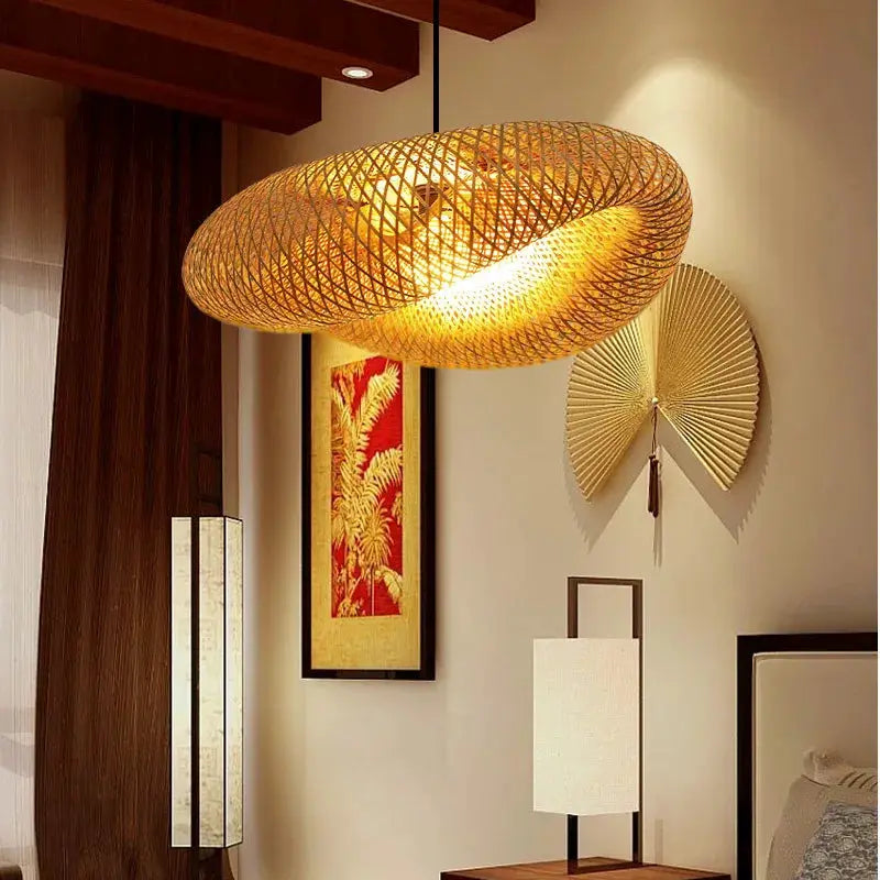 Handmade Vintage Bamboo Weaving LED Pendant Light Chandelier Living Room Kitchen Rattan Woven Lamp