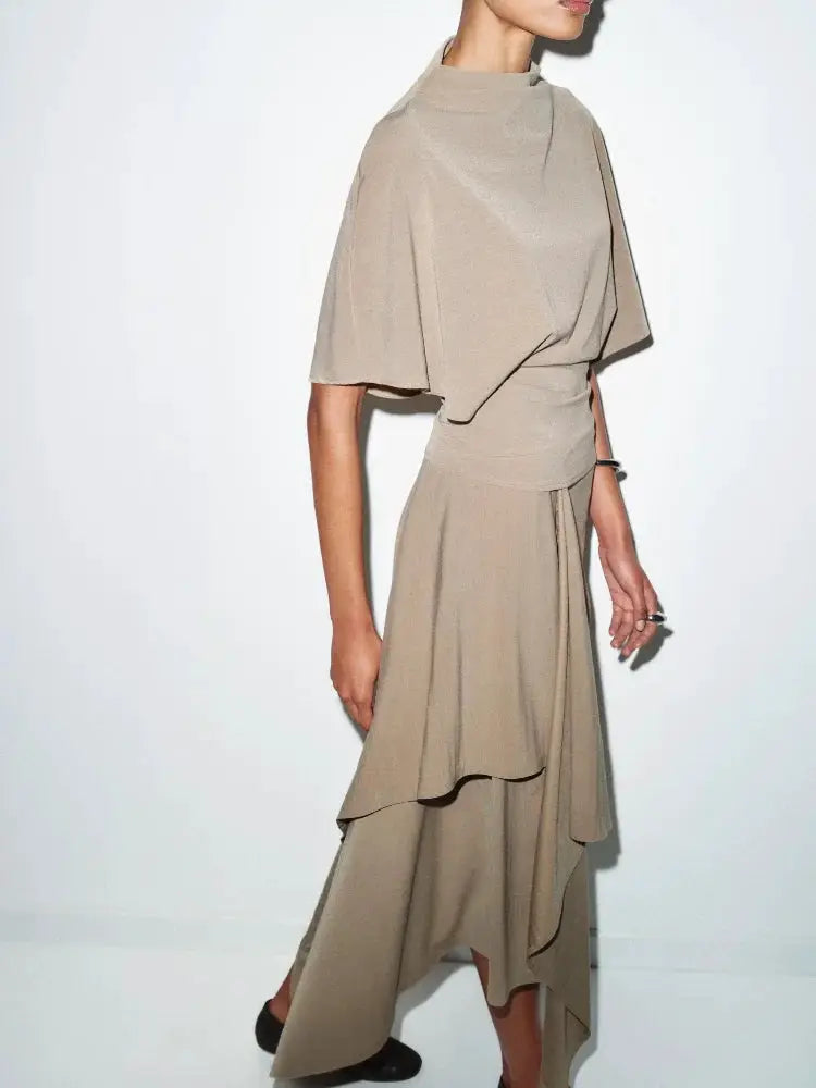 Elegant Two Piece Set High Neck Crop Top With Irregular Pleated Skirt