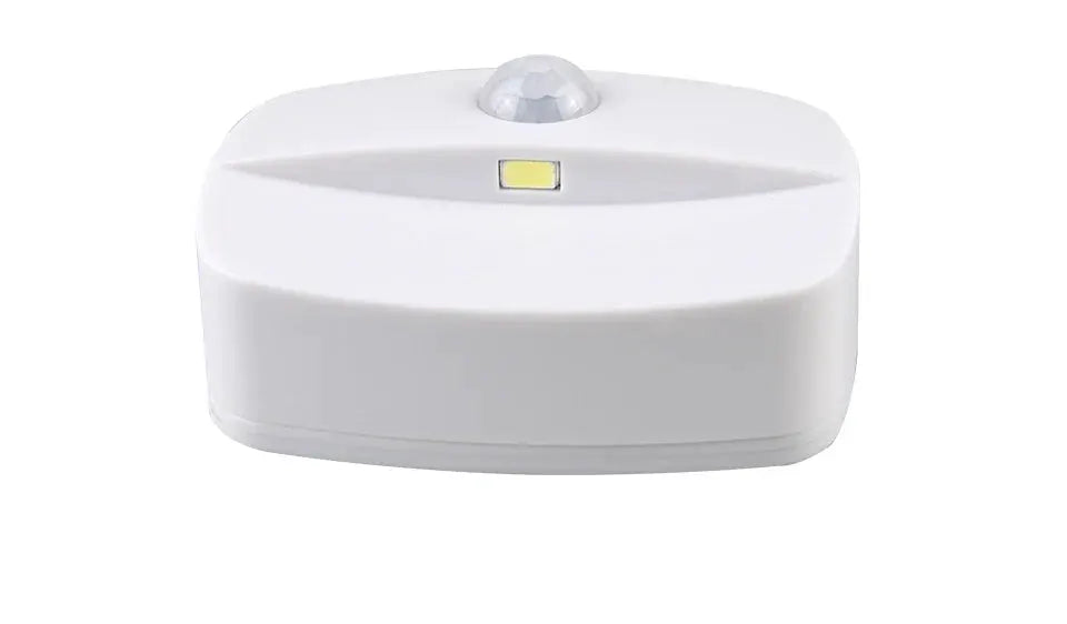White battery-powered LED night light with motion sensor; compact cabinet/bedside lamp.