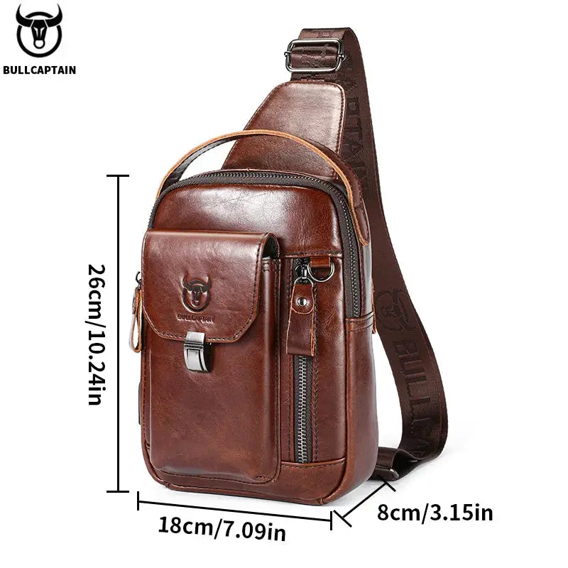 BullCaptain men's genuine brown leather chest bag, crossbody with front pocket and logo, 26x18x8 cm