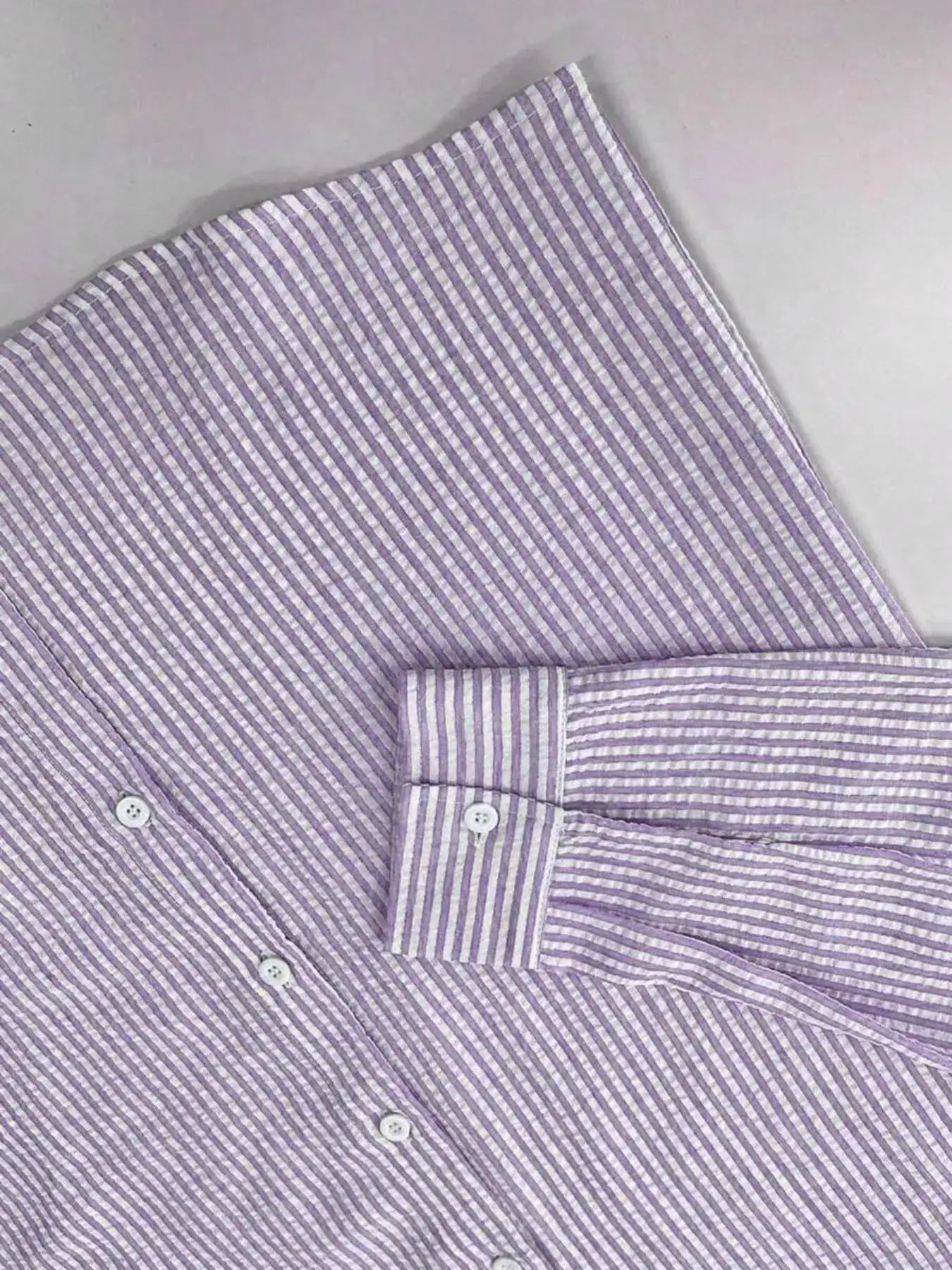Simples Market men's long-sleeve striped shirt in lavender and white with a loose fit and button-front