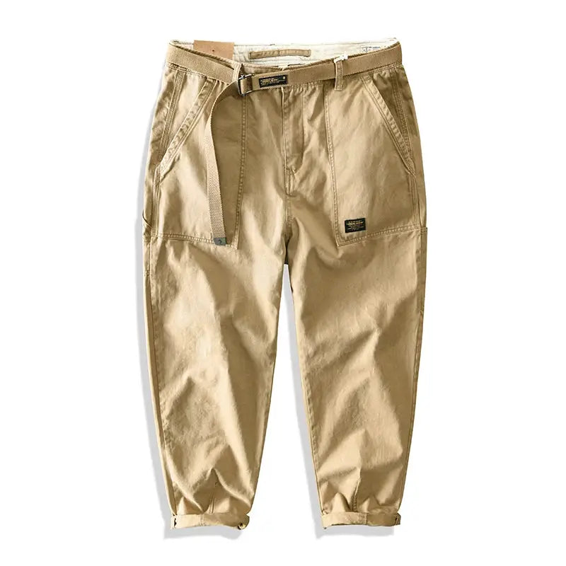 Men's khaki cargo pants with belt, front pockets, baggy straight-leg fit, Simples Market