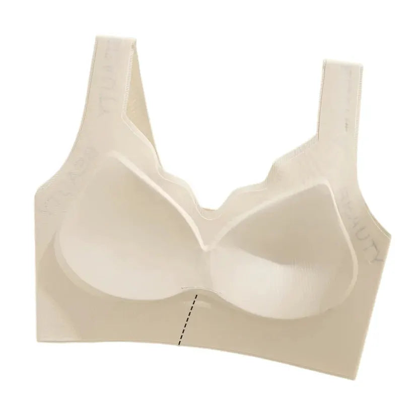 Ribbed wireless push-up bra by Simples Market, seamless beige with wide straps and wave neckline, plus size