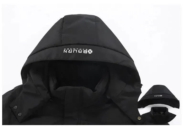 Simples Market men's black hooded short puffer jacket for winter warmth