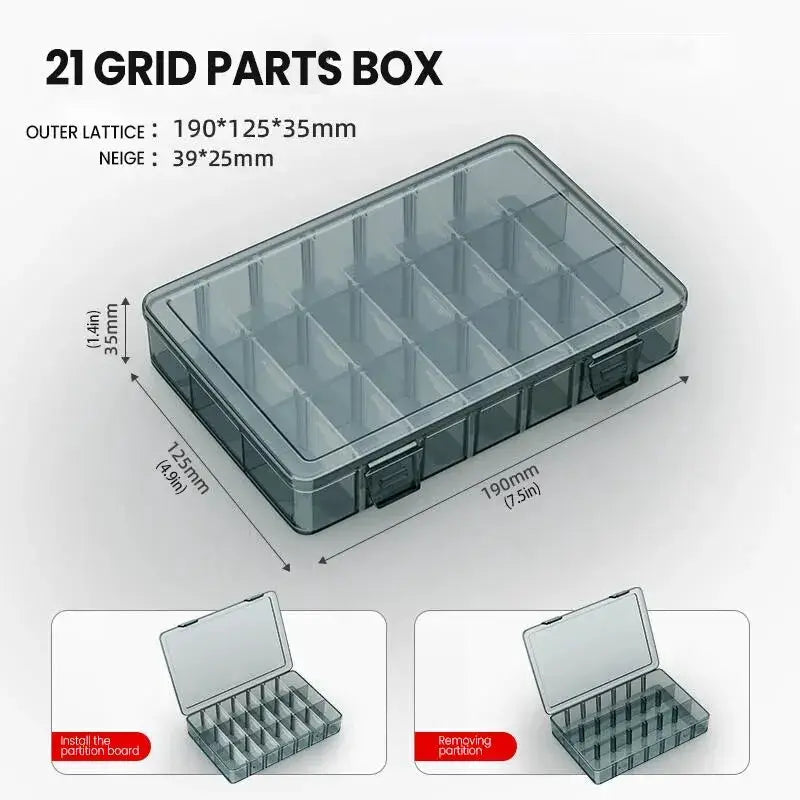21-grid plastic tool parts box with clear lid and 21 compartments, gray, by Simples Market.