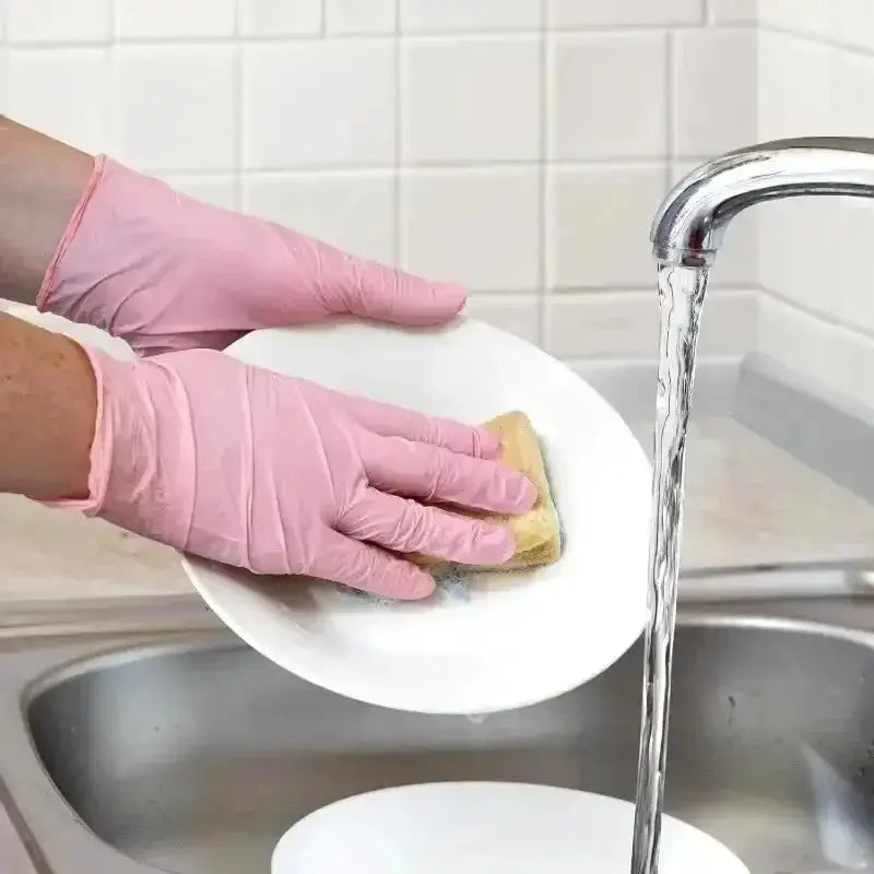 Pink nitrile gloves for kitchen and household cleaning.