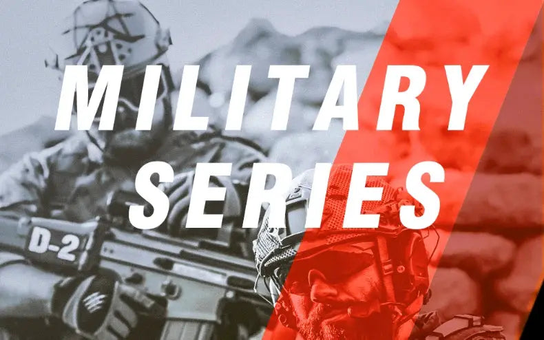 Military Series banner featuring soldiers and a rifle motif, Simples Market branding