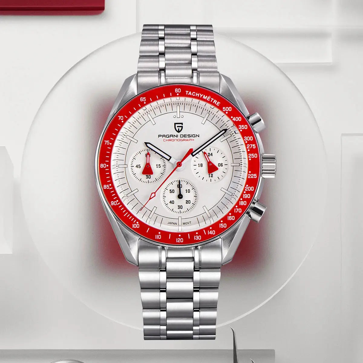 Pagani Design men's red retro chronograph watch, stainless steel bracelet, white dial, red tachymeter bezel