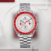 Pagani Design men's red retro chronograph watch, stainless steel bracelet, white dial, red tachymeter bezel