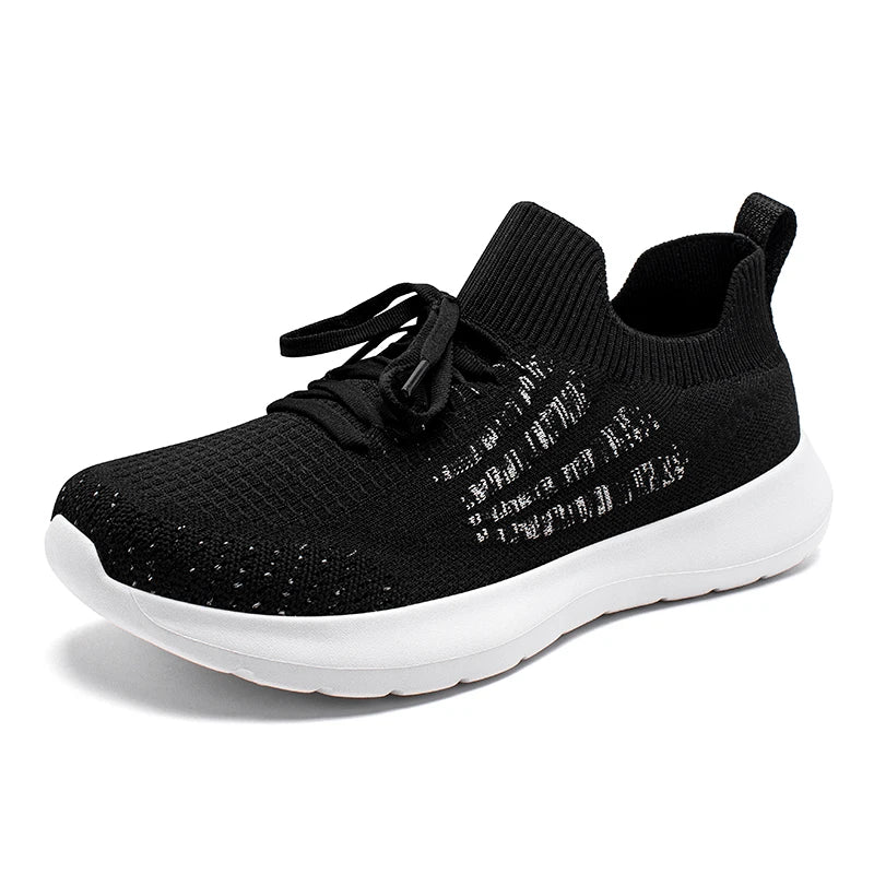 HOBIBEAR Unisex running sneakers with black mesh knit upper, white sole, lace-up