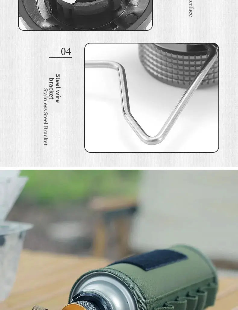 Butane adapter with bracket for camping stove by Simples Market; stainless steel wire bracket and green portable stove