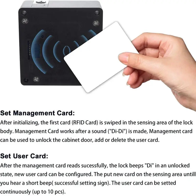 Black electronic RFID cabinet lock with white access card