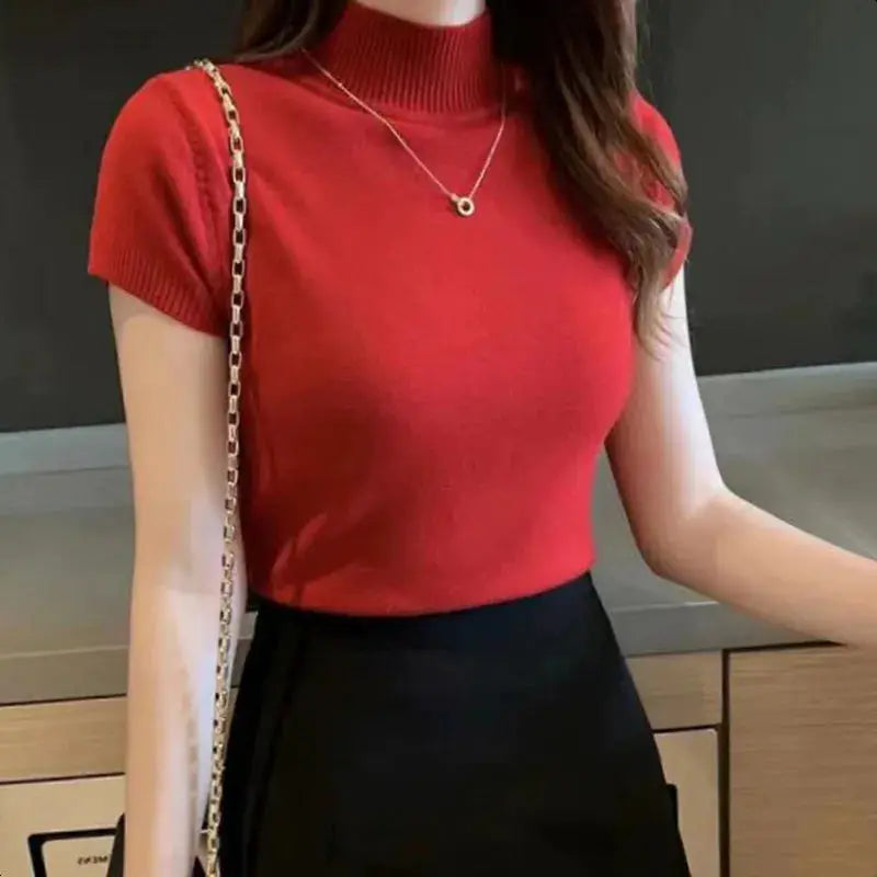 Korean Chic Half High Neck T Shirt Women Jumper Slim Fit Knit Top Spring Summer Solid Color