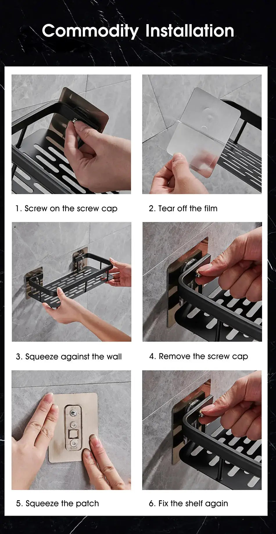 Bathroom storage rack, no-drill wall-mount corner shelf in black metal for shower and toiletries by Simples Market