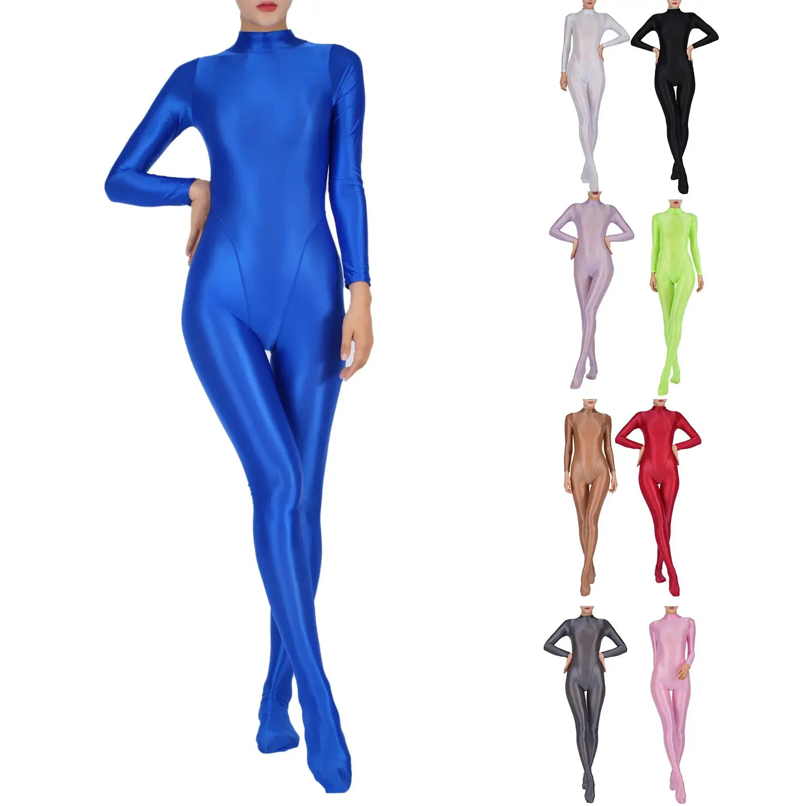 Simples Market women's solid-color full-body jumpsuit, blue shiny long-sleeve footed one-piece athletic bodysuit; color variants shown