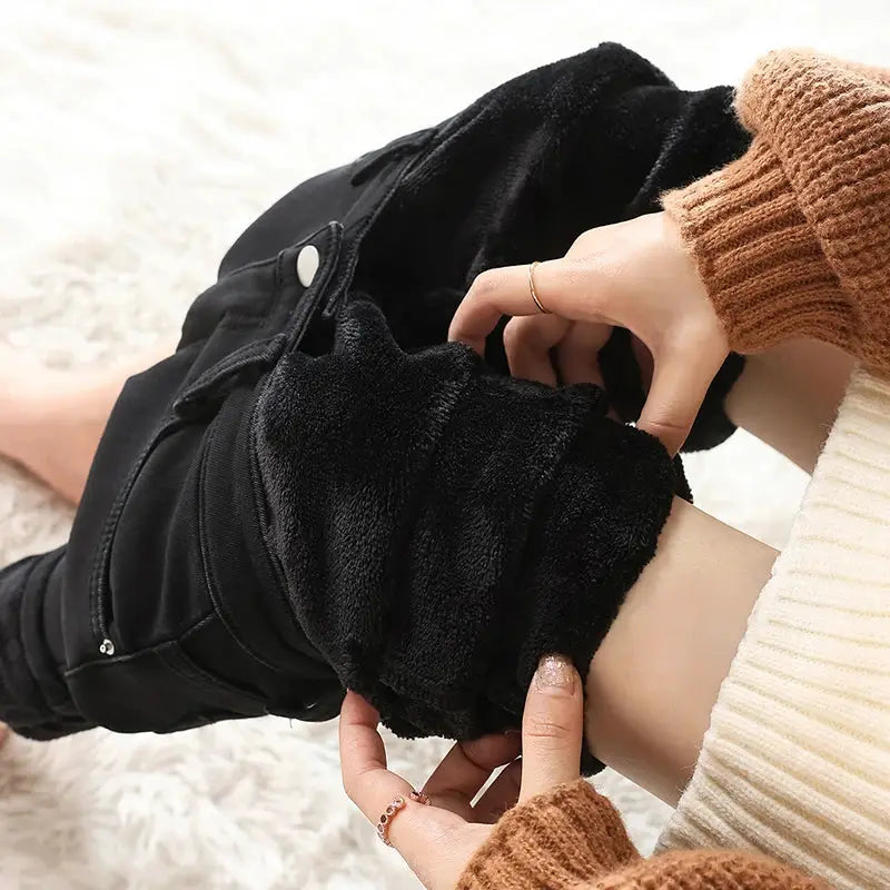 Women Thermal Jeans Fleece Lined Warm Stretch Slim Fit Pants Korean