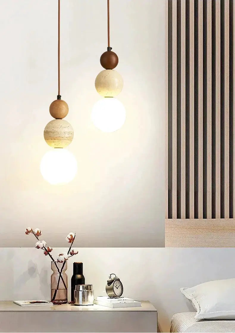 Cream-style stone-and-wood pendant lamps (2) with warm LED bulbs for bedside, Bauhaus-inspired decor