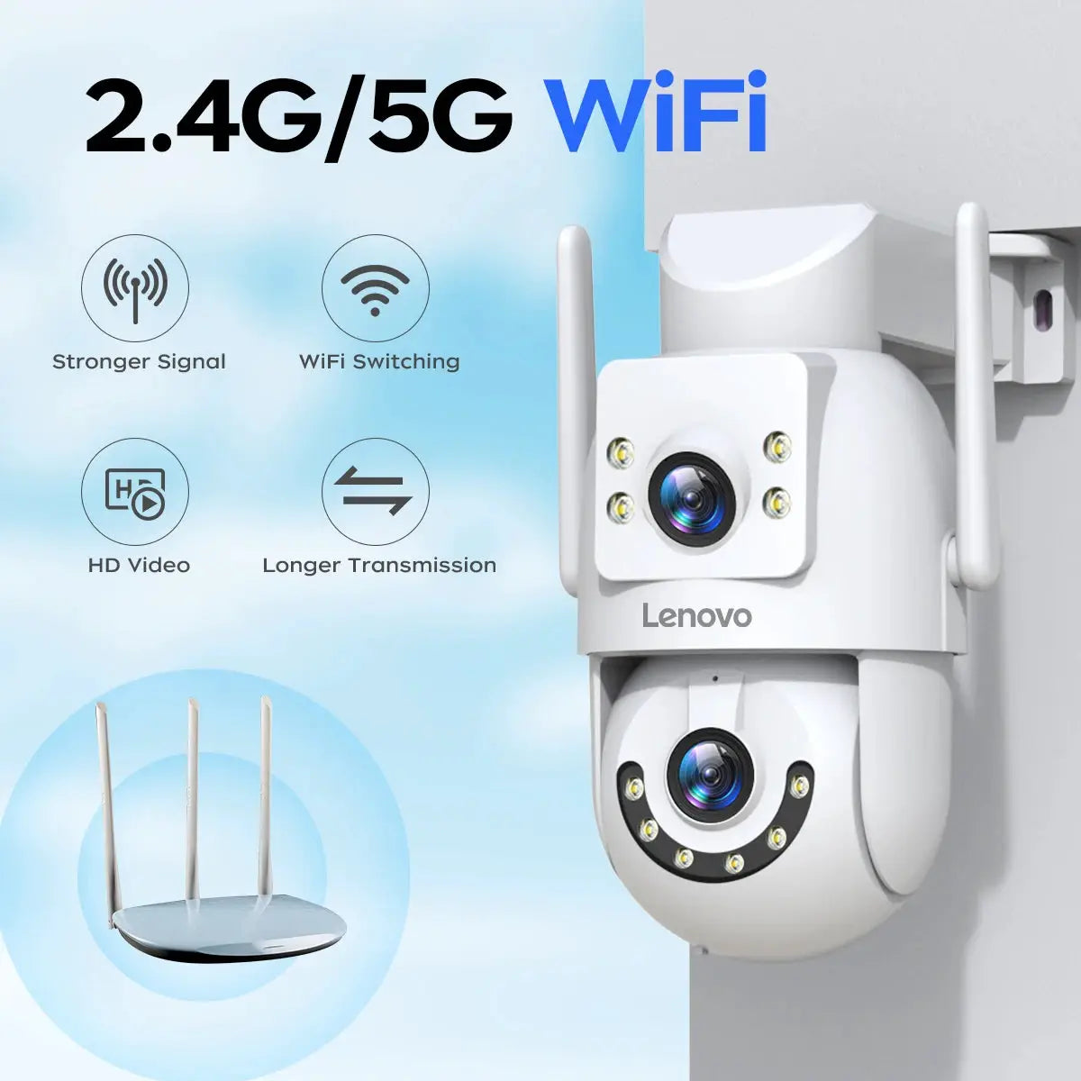 Lenovo outdoor 4K WiFi surveillance camera with dual-lens PTZ