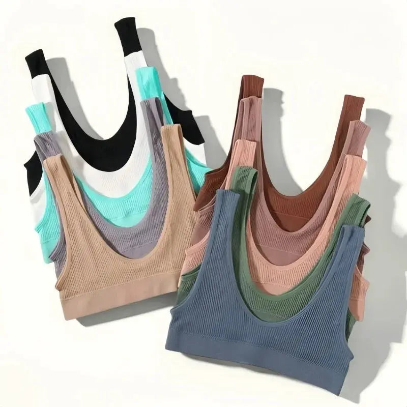 Simples Market women seamless ribbed bralettes set in assorted colors; non-wire crop tops (M-XL)