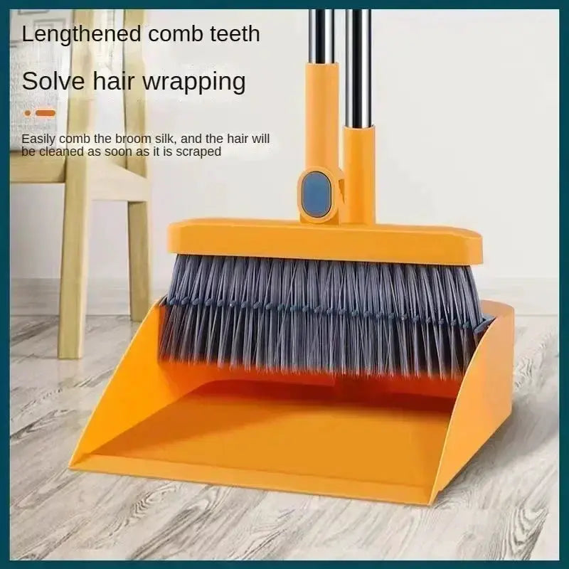 Broom and dustpan set, orange by Simples Market; foldable broom with long bristles.