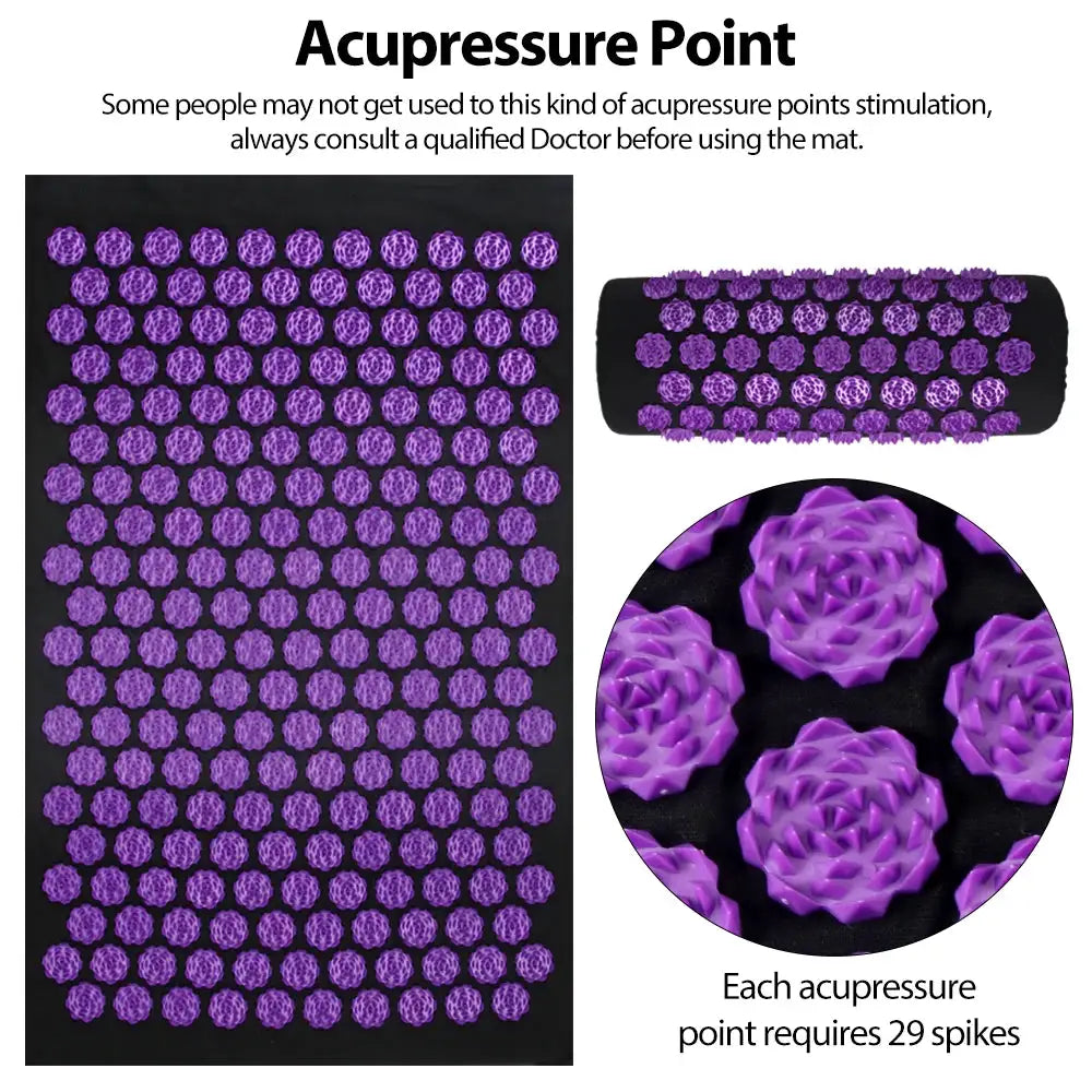Simples Market Acupressure Mat with purple spike discs on black base and rolled pillow for muscle relief.