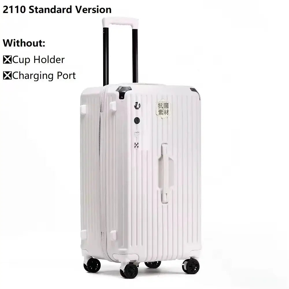 Simples Market white hard-shell carry-on luggage with extendable handle and four-spinner wheels in sizes 20/24/26/28