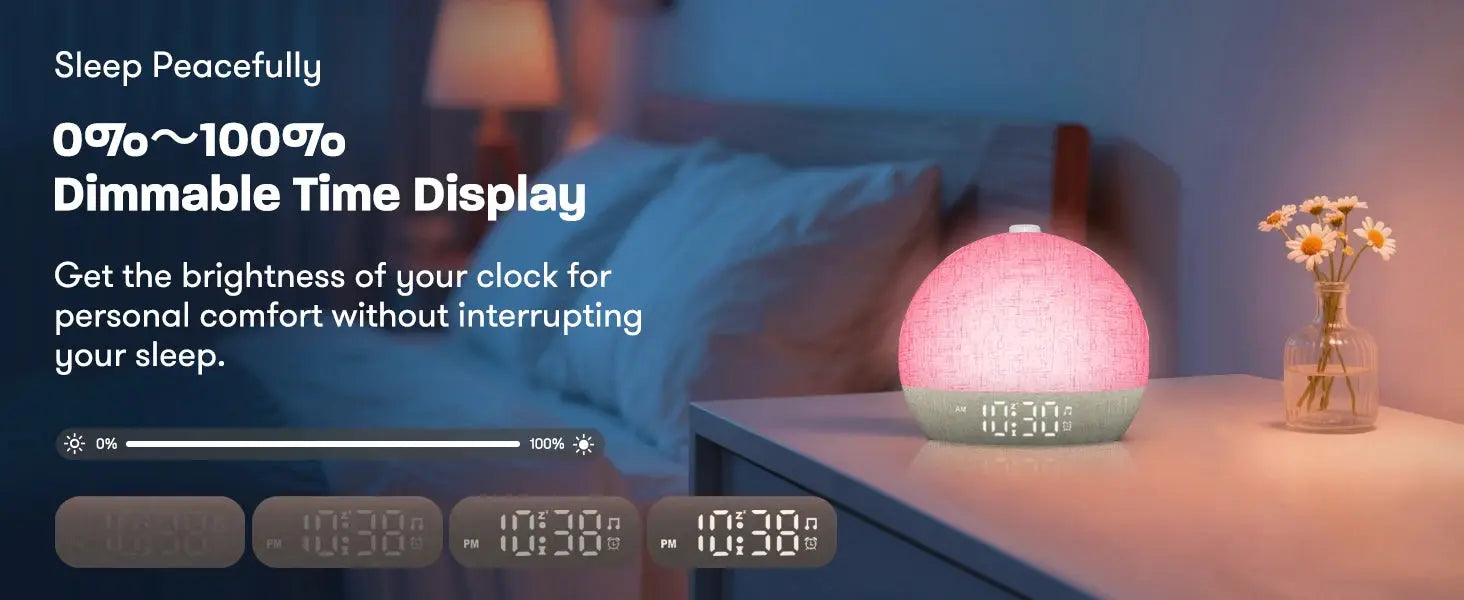 Wake Up Light Sunrise Alarm Clock by Simples Market with pink dimmable RGB night light and digital display
