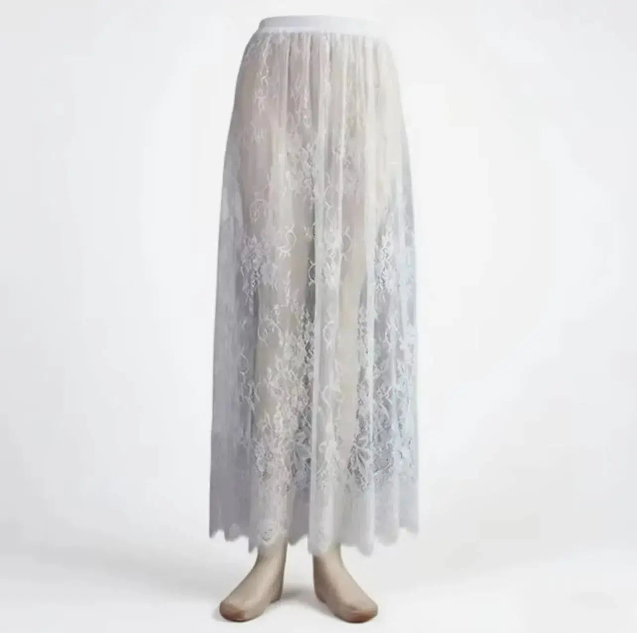 White lace-overlay long tulle skirt with elastic high waist and sheer floral lace