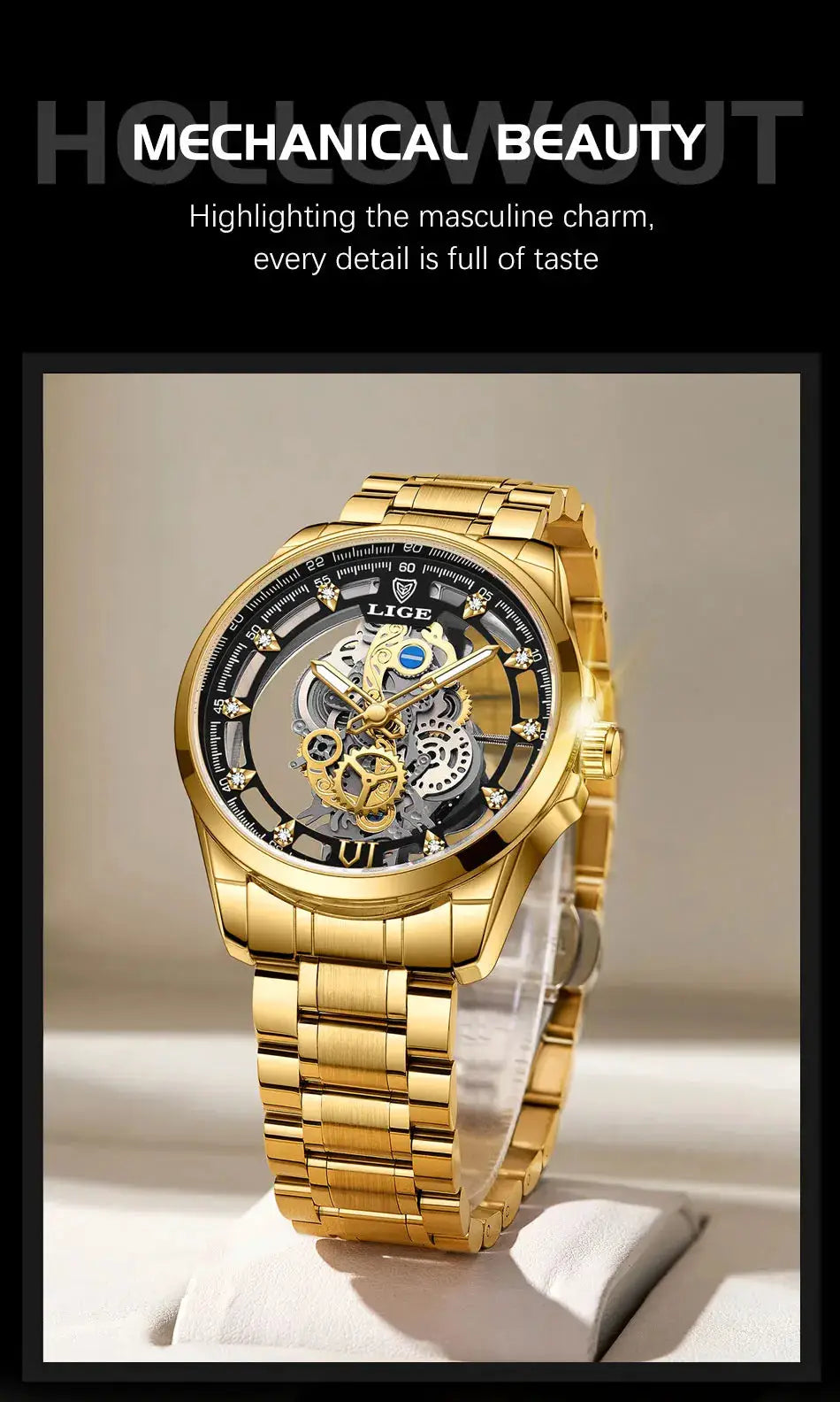 LIGE men's gold skeleton watch, stainless steel bracelet, mechanical movement, waterproof Simples Market