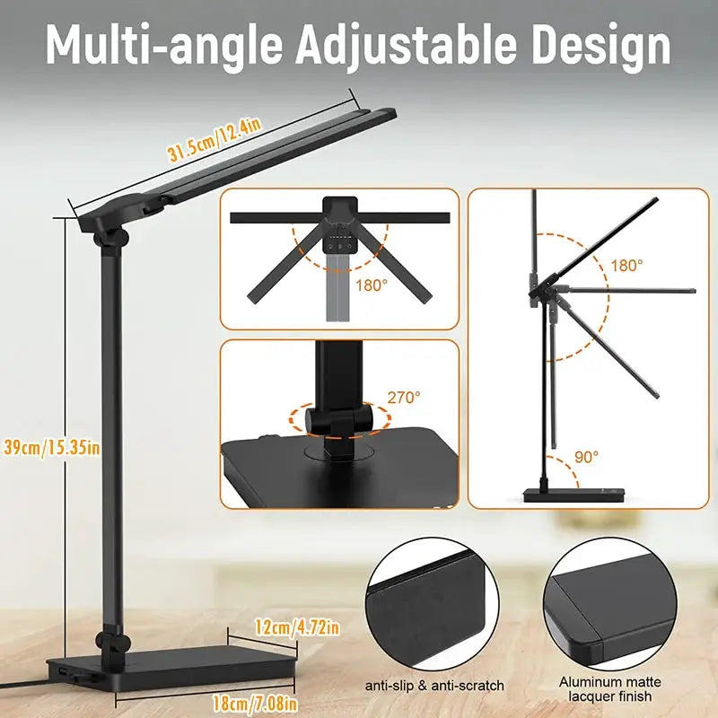Simples Market LED desk lamp with swing arms, black aluminum lacquer finish; 5 color modes, 5 brightness levels.