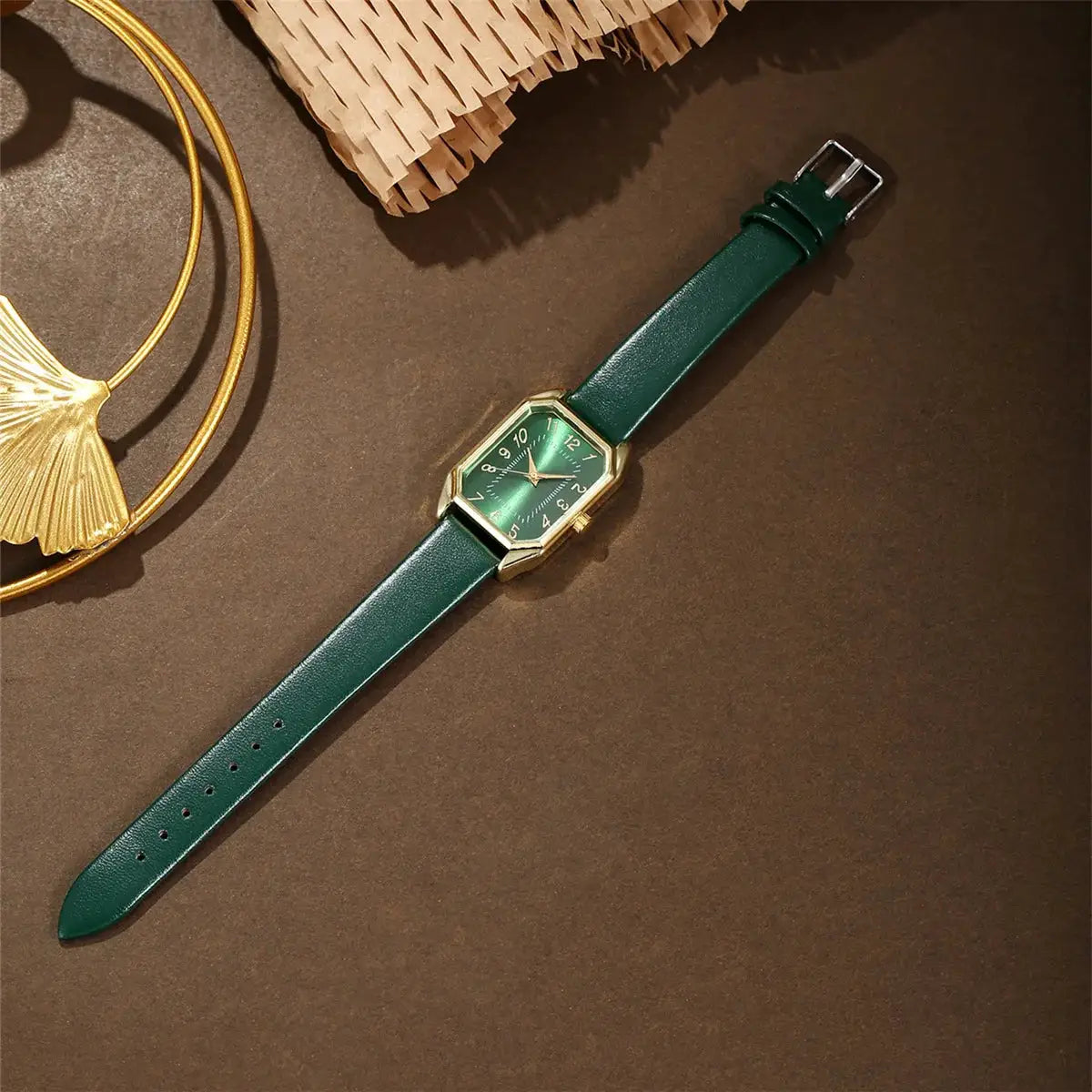 LuxeCharm Square Women Watches Set Leather Strap Quartz Timepieces Five Piece Jewelry Gift Set