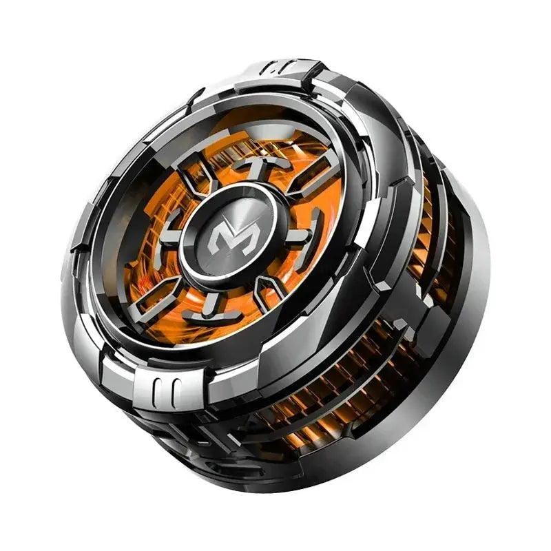 Simples Market universal mobile phone cooling fan CX08 with magnetic back clip; silver/black exterior and orange rotor.