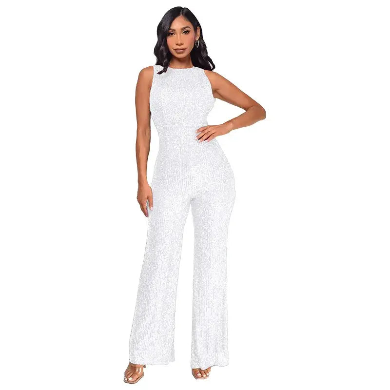 Simples Market white sequins jumpsuit for women sleeveless high waist seamless fit