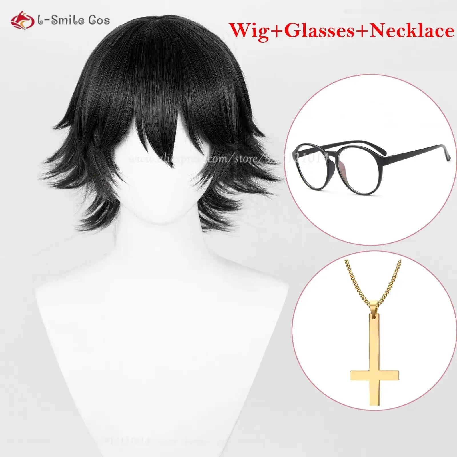 Anime Shizuku cosplay wig, black short wig with heat-resistant synthetic hair; shown with glasses and a gold cross necklace