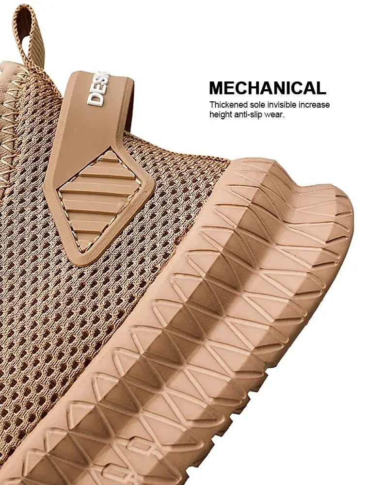 Men's tan knit mesh casual sneakers with thick ridged outsole and pull tab