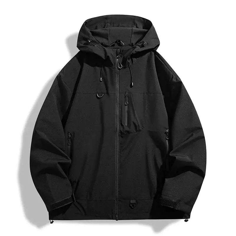 JNLN unisex waterproof windbreaker jacket, black hooded with front zipper and zip pockets