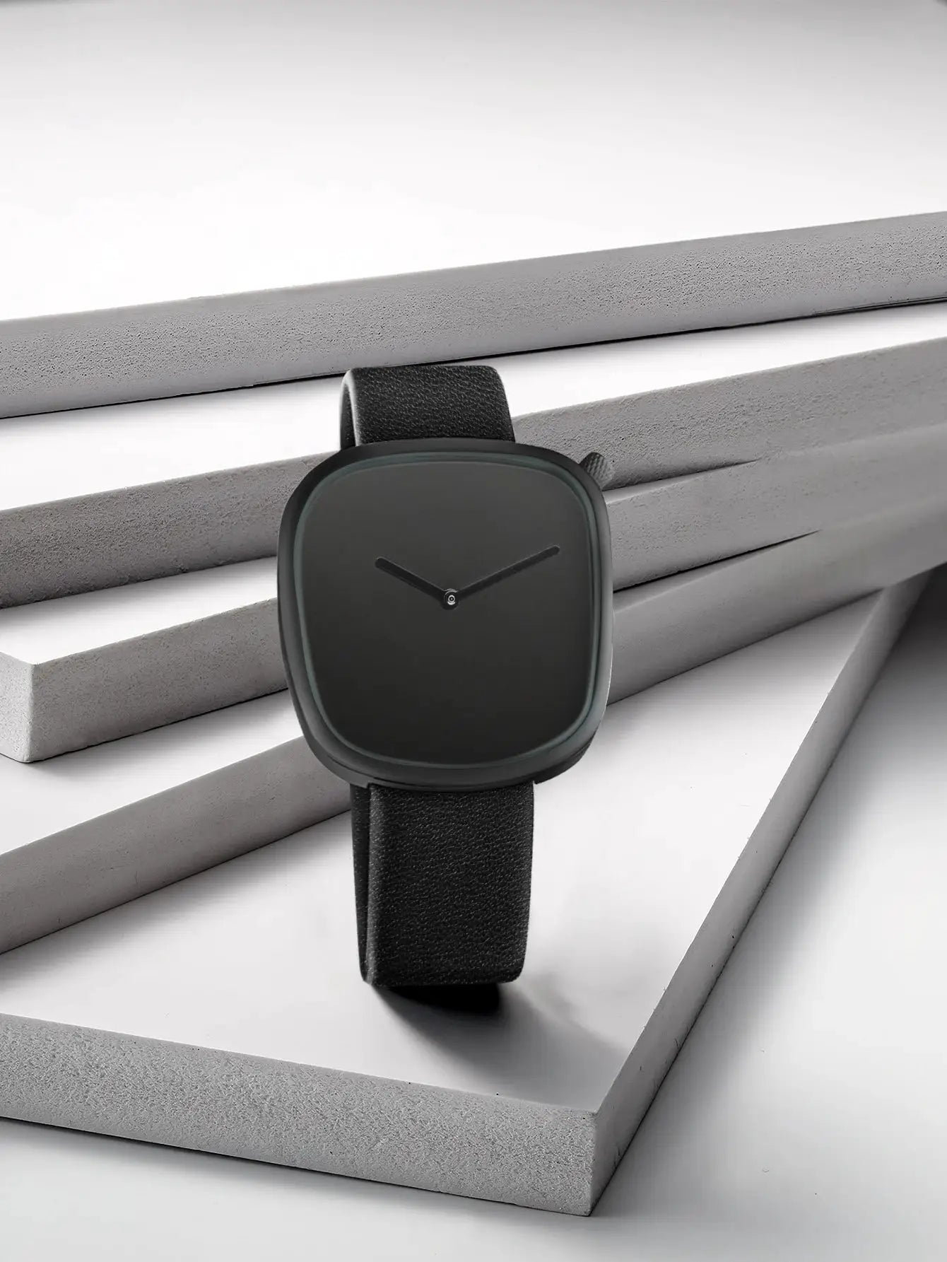 TOMI square minimalist watch with black dial and black leather strap, ultrathin quartz