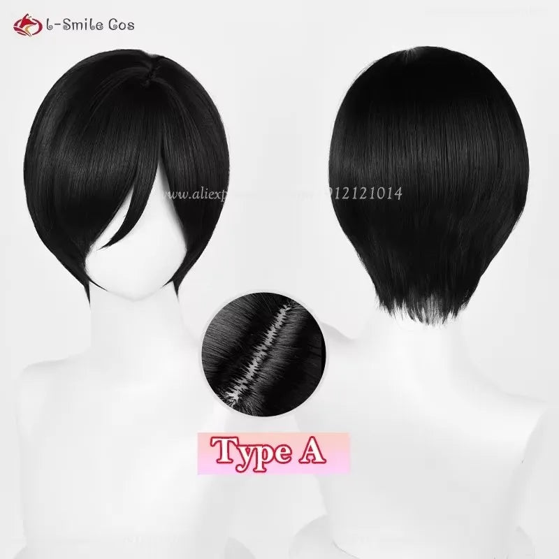 Ada Wong cosplay wig by Simples Market, short black 32cm, heat-resistant synthetic hair with wig cap, Type A