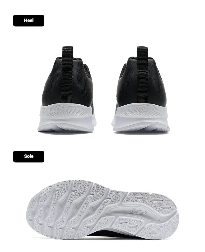 Xtep men's running shoes in black leather upper with white rugged sole and heel pull tabs