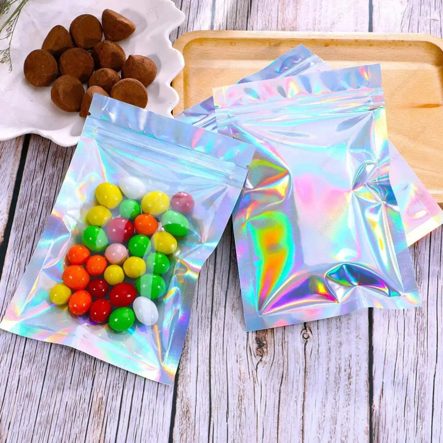 Laser Sealing Bags Holographic Plastic Pouches Resealable For Jewelry Gift Packaging Food Candy Kitchen Storage