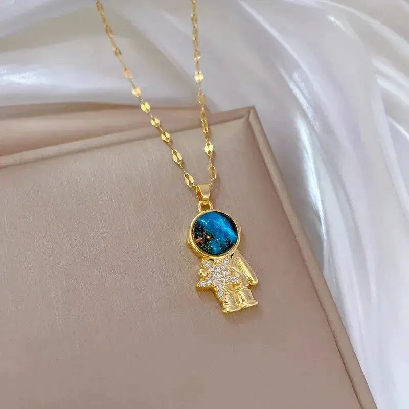 Light Luxury Titanium Steel Star Series Necklace For Women With Gold Planet Moon Astronaut Pendant Jewelry Gift