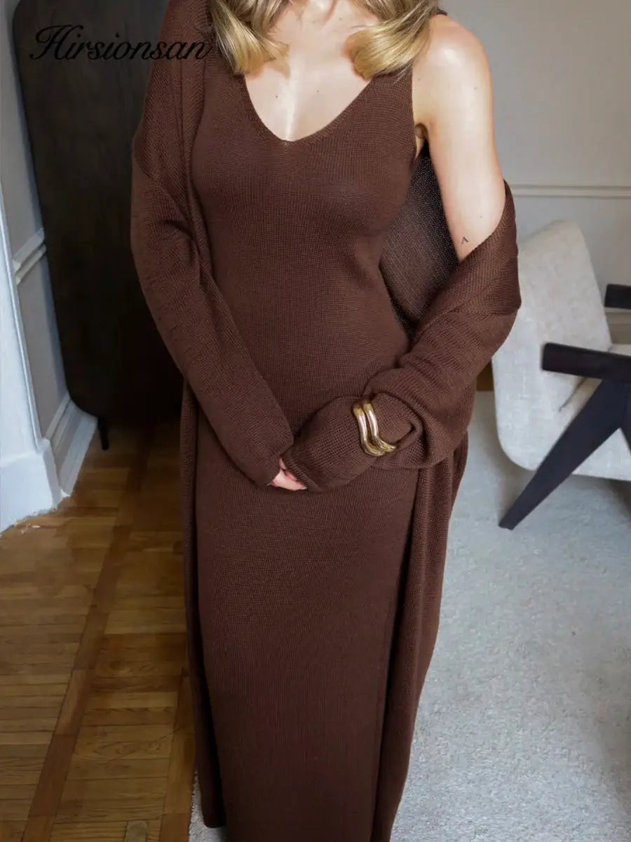 Three Piece Women Cardigan Vest Dress Set With Long Sleeve Outfit