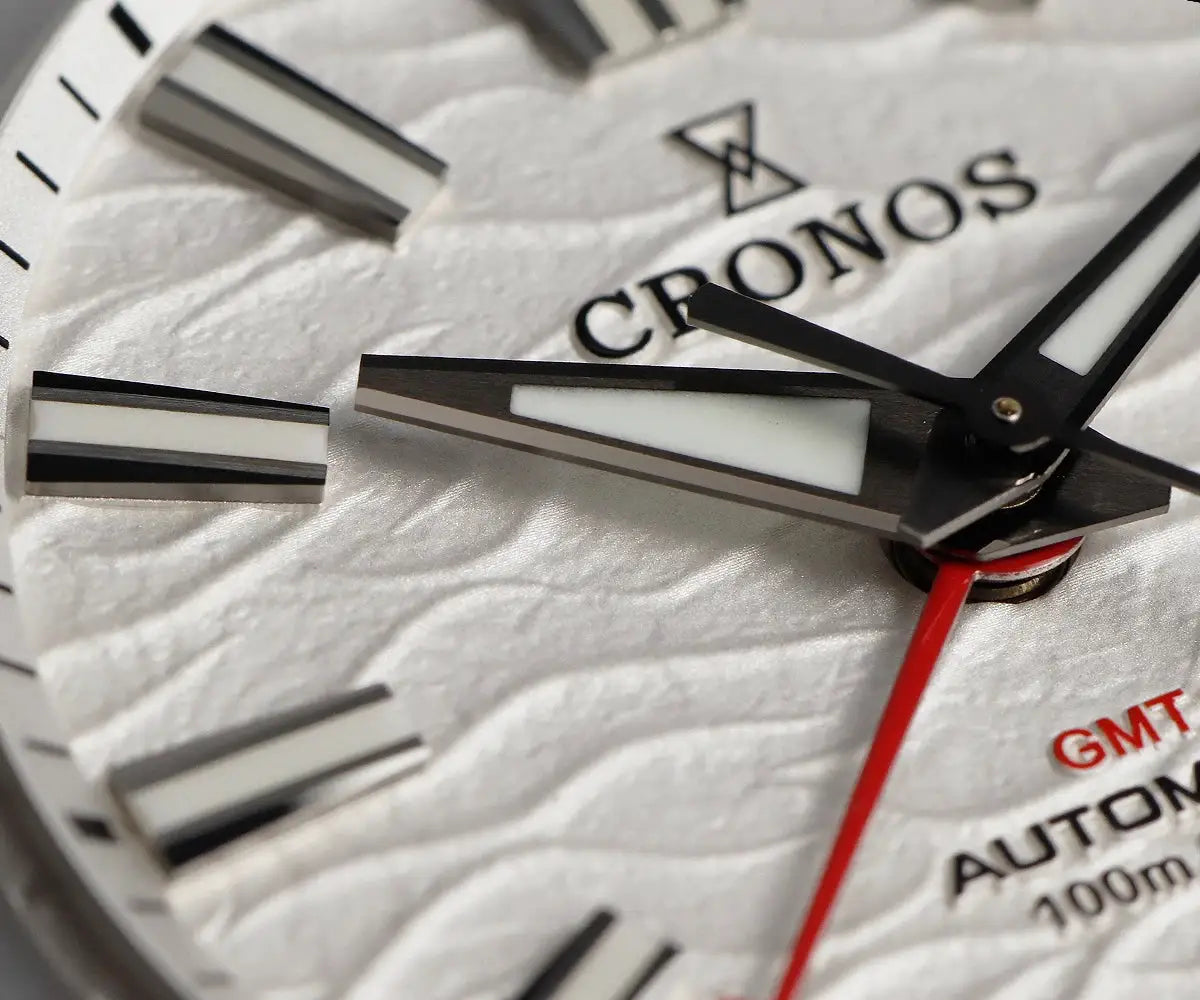 Cronos GS mechanical men's watch 39mm with birch-pattern dial, GMT red hand, sapphire glass, brushed bracelet