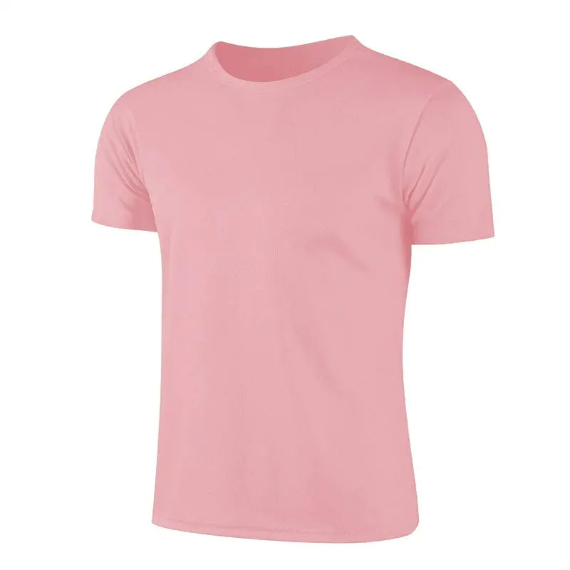 Pink men's short-sleeve crew-neck T-shirt for sportswear and gym workouts.