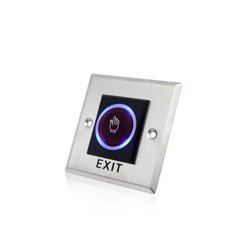 Exit button on stainless steel plate with blue LED ring, hand icon and EXIT label.