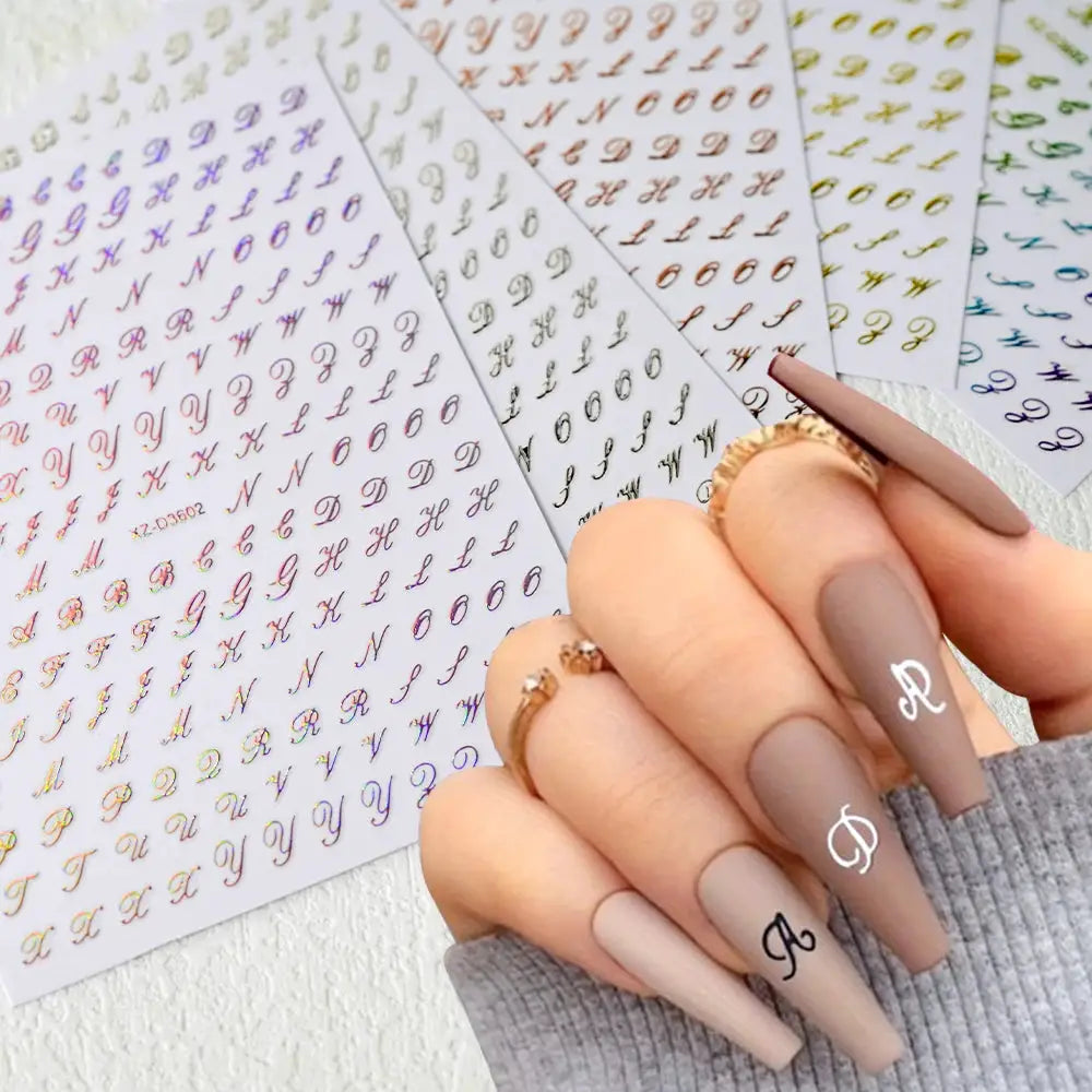 1pc 3D Roman letter nail stickers by Simples Market in gold/silver/black; laser foil finish, self-adhesive decals