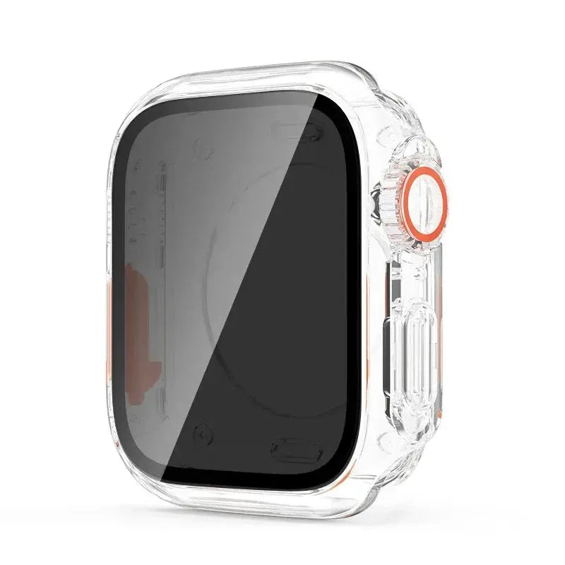 Clear hard PC bumper case with screen protector for Apple Watch 40–46mm, transparent with orange crown ring